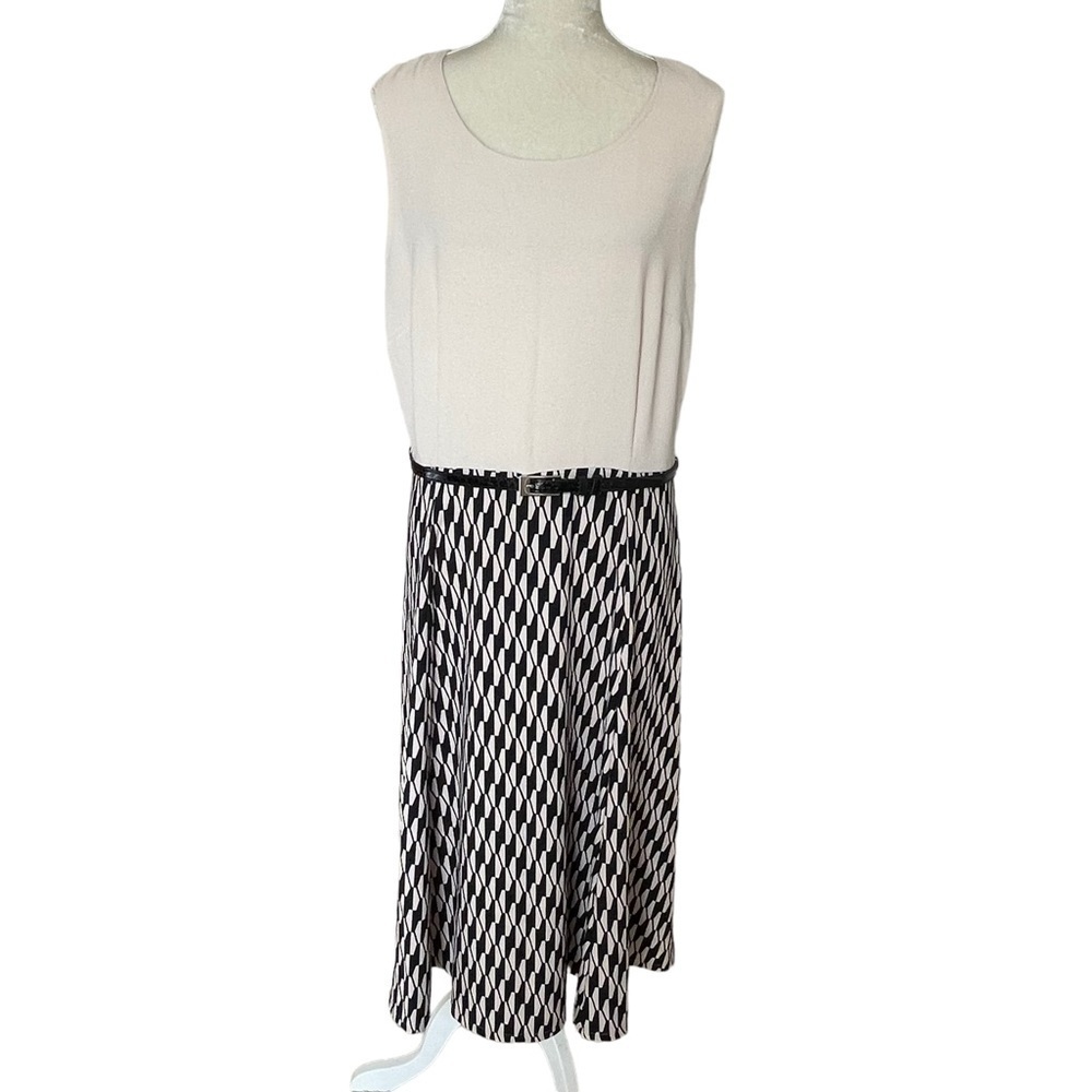 Danny & Nicole Geometric Print Belted Dress Plus Size 16 Cream Black Stretchy
